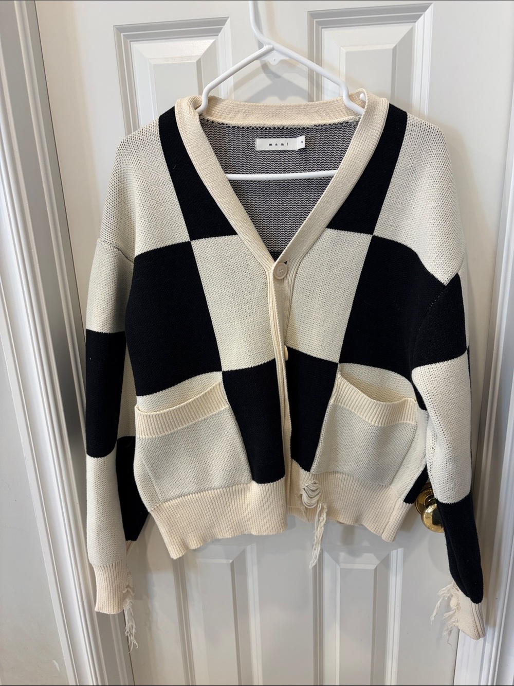 MNML Black & Cream Distressed Checkerboard V-Neck Cardigan